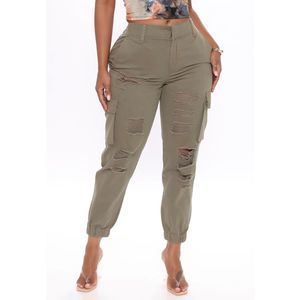 Fashion Nova Distressed Cargo Jogger Pants Sz L Olive Green
